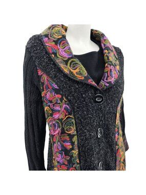 Moda Lucido Black Wool Blend Coat With Colorful Embroidered Size Large